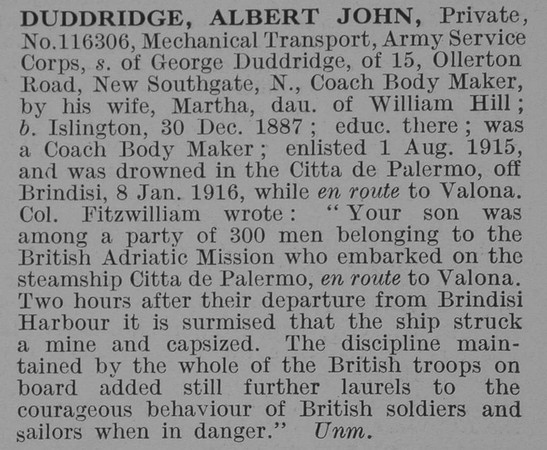 Duddridge A J Pte Army Service Corps Obit De Ruvignys Roll Of Honour Vol 3