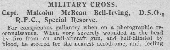 Bell-Irving M Captain Royal Flying Corps MC Citation The Graphic 28th July 1916