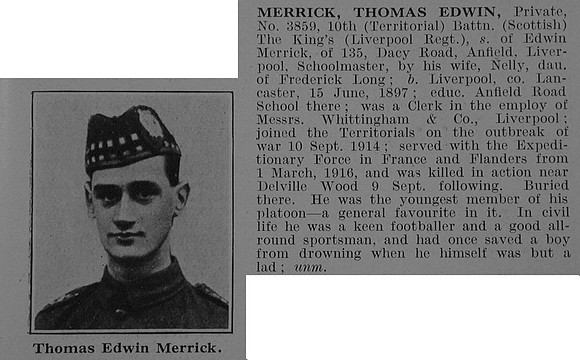 Merrick T E Pte 10th Kings Liverpool Regiment Obit De Ruvignys Roll Of Honour Vol 3