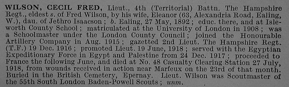 Wilson C F Lt 4th Hampshire Regiment Obit De Ruvignys Roll Of Honour Vol 4