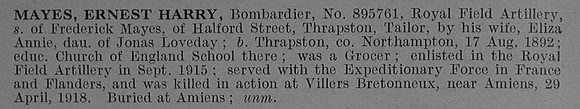 Mayes E H Bmdr 895761 Royal Field Artillery Obit De Ruvignys Roll Of Honour Vol 4
