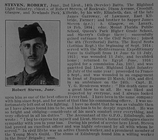 Steven R 2nd Lt 14th Highland Light Infantry Obit De Ruvignys Roll Of Honour Vol 3