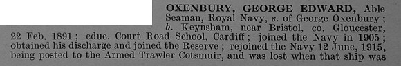Oxenbury G E AB 7539DA H.M. Trawler Cotsmuir Royal Naval Reserve Obit Part 1 De Ruvignys Roll Of Honour Vol 4