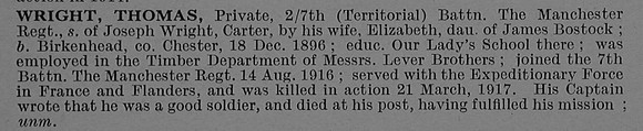 Wright T Pte 277614 7th Manchester Regiment Obit De Ruvignys Roll Of Honour Vol 4