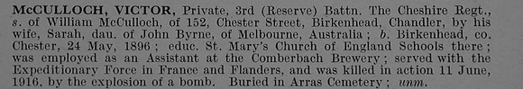 McCulloch V Pte 9839 3rd Attd 1st Cheshire Regiment Obit De Ruvignys Roll Of Honour Vol 4