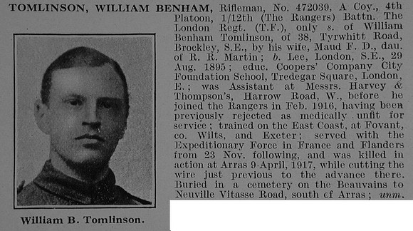 Tomlinson W B Rfn 472039 12th London Regiment Obit De Ruvignys Roll Of Honour Vol 3