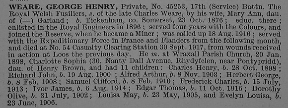 Weare G H Pte 45253 17th Royal Welsh Fusiliers Obit De Ruvignys Roll Of Honour Vol 4
