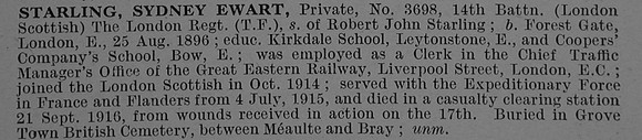 Starling S E Pte 3698 14th London Regiment Obit De Ruvignys Roll Of Honour Vol 4