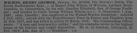 Wilson H G Pte 201822 7th South Staffordshire Regiment Obit De Ruvignys Roll Of Honour Vol 4