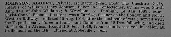 Johnson A Pte 10109 1st Cheshire Regiment Obit De Ruvignys Roll Of Honour Vol 4