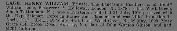 Lake H W Pte Lancashire Fusiliers Obit De Ruvignys Roll Of Honour Vol 4