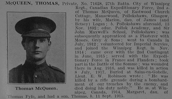 McQueen T Pte 27th Canadian Expeditionary Force Obit De Ruvignys Roll Of Honour Vol 3
