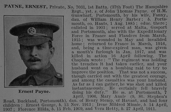 Payne E Pte 1st Hampshire Regiment Obit De Ruvignys Roll Of Honour Vol 3