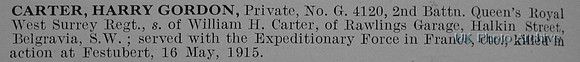 Carter H G Pte G-4120 2nd Queens Royal West Surrey Regiment Short Obituary De Ruvignys Roll Of Honour Vol 1
