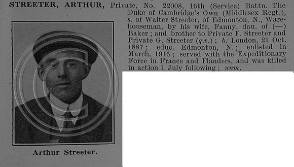 Streeter A Pte 22008 16th Middlesex Regiment Obit De Ruvignys Roll Of Honour Vol 4
