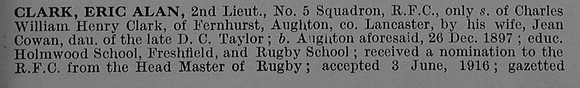 Clark E A 2nd Lt Royal Flying Corps Obit Part 1 De Ruvignys Roll Of Honour Vol 4