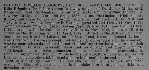 Millar A L Captain 6th Attd 4th Rifle Brigade Obit De Ruvignys Roll Of Honour Vol 4