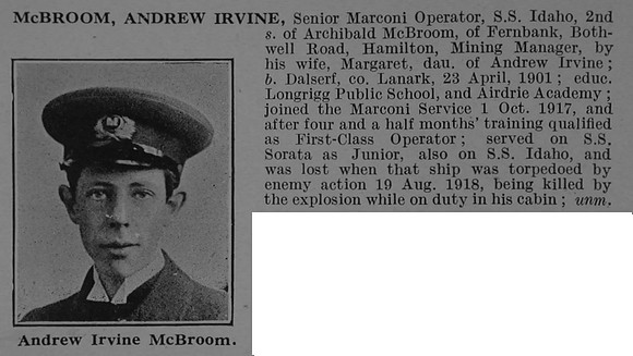 McBroom A I Wireless Operator S.S. Idaho (London) Mercantile Marine Obit De Ruvignys Roll Of Honour Vol 4