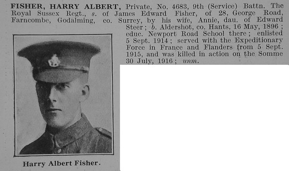 Fisher H A Pte 9th Royal Sussex Regiment Obit De Ruvignys Roll Of Honour Vol 3