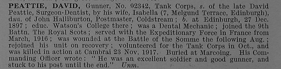 Peattie D Gnr 82342 Tank Corps Obit De Ruvignys Roll Of Honour Vol 4