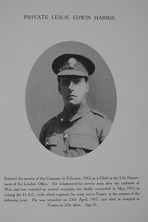 Harris L E Pte 3490 1st HAC Northern Assurance Co War Record