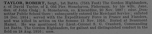 Taylor R Sergt S/816 1st Gordon Highlanders Obit De Ruvignys Roll Of Honour Vol 4