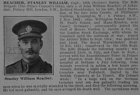 Reacher S W Captain 16th Rifle Brigade Obit Part 1 De Ruvignys Roll Of Honour Vol 3