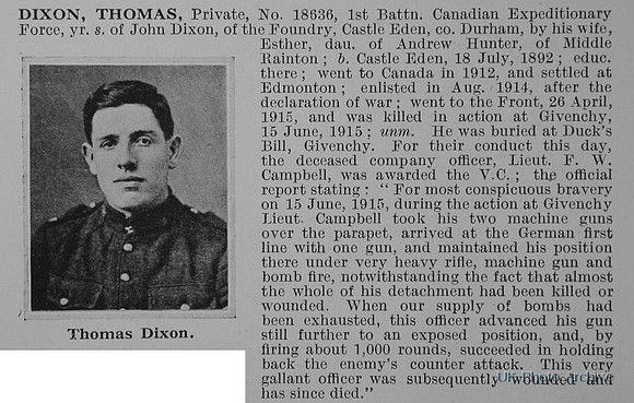 Dixon T Pte 18636 1st Canadian Expeditionary Force Obit