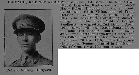 Hildyard R A 2nd Lt 1st King's Own Royal Lancaster Regiment Obit De Ruvignys Roll Of Honour Vol 5