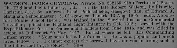 Watson J C Pte 332165 9th Highland Light Infantry Obit De Ruvignys Roll Of Honour Vol 4