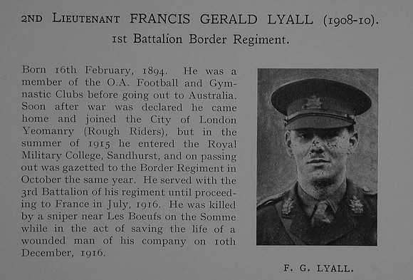 Lyall F G 2nd Lt 1st Border Regiment Obit Dulwich College Roll Of Honour