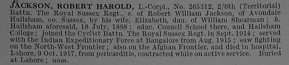 Jackson R H L/Cpl 265312 6th Royal Sussex Regiment Obit De Ruvignys Roll Of Honour Vol 4