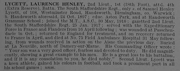 Lycett L H 2nd Lt 1st Attd 4th South Staffordshire Regiment Obit De Ruvignys Roll Of Honour Vol 4
