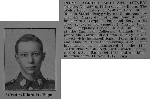 Pope A W H Pte 11th Welsh Regiment Obit De Ruvignys Roll Of Honour Vol 3