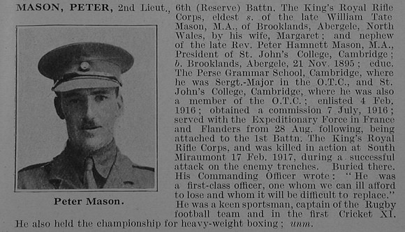 Mason P 2nd Lt 6th King's Royal Rifle Corps Obit De Ruvignys Roll Of Honour Vol 3