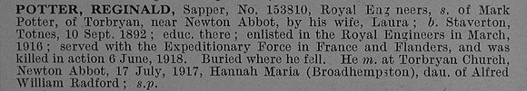 Potter R Sapper 153810 Royal Engineers Obit De Ruvignys Roll Of Honour Vol 4