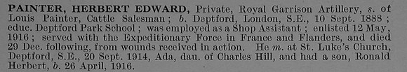 Painter H E Pte 86470 Royal Garrison Artillery Short Obit De Ruvignys Roll Of Honour Vol 4