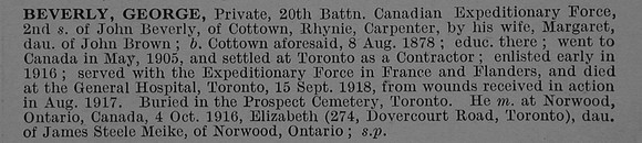 Beverly G Pte 681482 20th Canadian Infantry (Central Ontario Regiment) Obituary De Ruvignys Roll Of Honour Vol 4