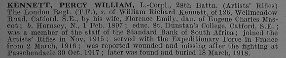 Kennett P W L/Cpl 760993 28th London Regiment (Artists Rifles) Obit De Ruvignys Roll Of Honour Vol 4