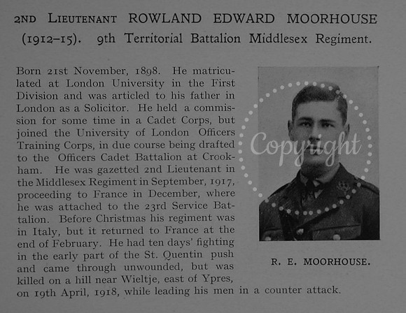 Moorhouse R E 2nd Lt 9th Middlesex Regiment Obit Dulwich College Roll Of Honour