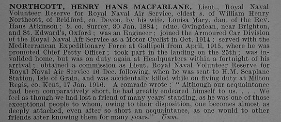 Northcott H H M Lt Royal Naval Air Service Obit De Ruvignys Roll Of Honour Vol 4