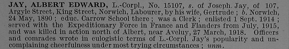 Jay A E L/Cpl 15107 7th Norfolk Regiment Obit De Ruvignys Roll Of Honour Vol 4