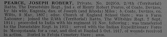Pearce J R Pte 202959 4th Dorset Regiment Obit De Ruvignys Roll Of Honour Vol 4