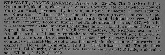 Stewart J H Pte 220276 7th Cameron Highlanders Obit De Ruvignys Roll Of Honour Vol 4