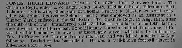 Jones H E Pte 10769 10th Cheshire Regiment Obit De Ruvignys Roll Of Honour Vol 4