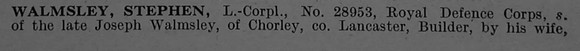 Walmsley S L/Cpl 28953 Royal Defence Corps Obit Part 1 De Ruvignys Roll Of Honour Vol 4