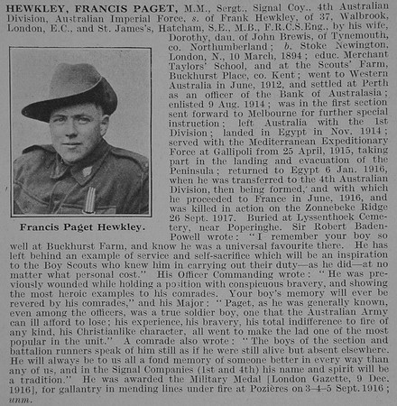 Hewkley F P Sergt MM 4th AIF Obit De Ruvignys Roll Of Honour Vol 3
