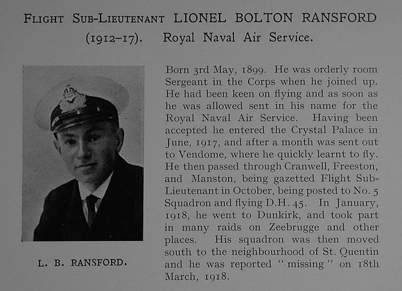 Ransford L B Flt Sub Lt Royal Naval Air Service Obit Dulwich College Roll Of Honour