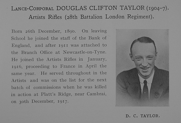 Taylor D C LCpl 28th London Regiment Obit Dulwich College Roll Of Honour