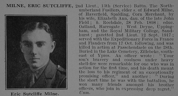 Milne E S 2nd Lt 13th Northumberland Fusiliers Obit De Ruvignys Roll Of Honour Vol 5
